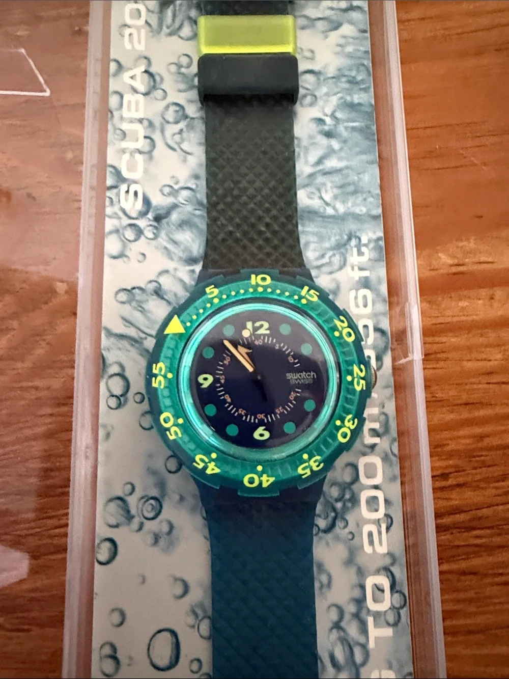 Swatch Blue Scuba Watch with Green Bezel Accent